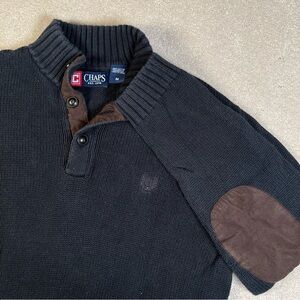 Chaps Sweater Black Pullover Henley Brown Elbow Patches Cotton Men's Medium‎